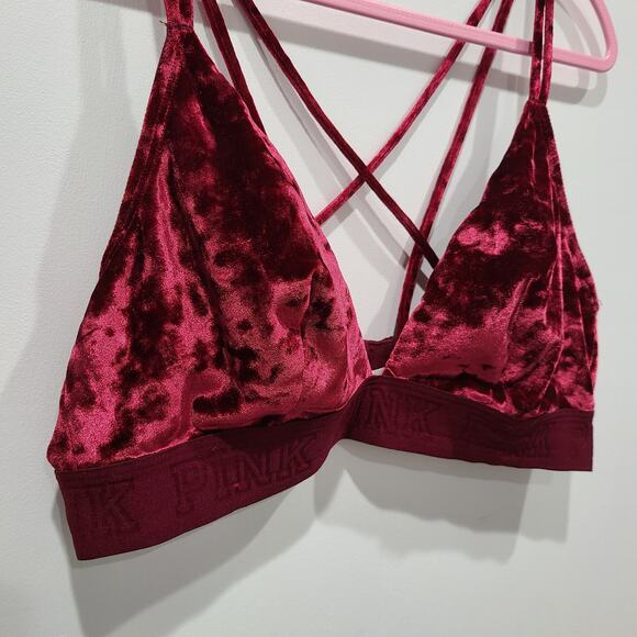 PINK Victoria's Secret Womens Sz L Burgundy Red Velvet Strappy Bralette Triangle - Picture 4 of 7